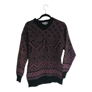 Vintage Wool Black Burgundy Argyle Knit Sweater Large